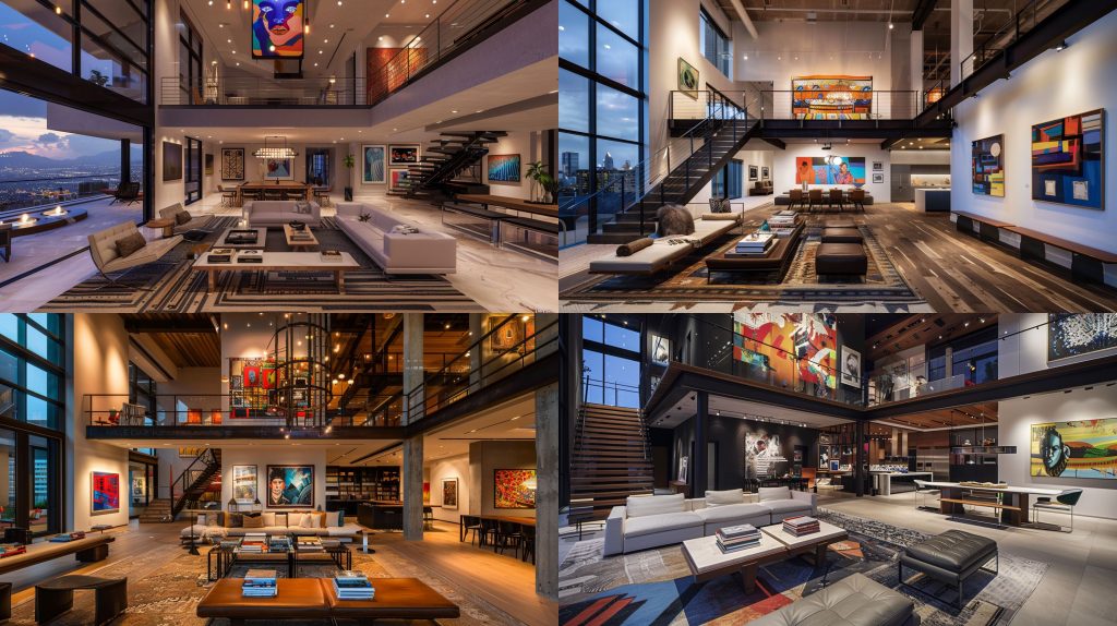 挑高双层豪华 loft 效果图AI提示词
