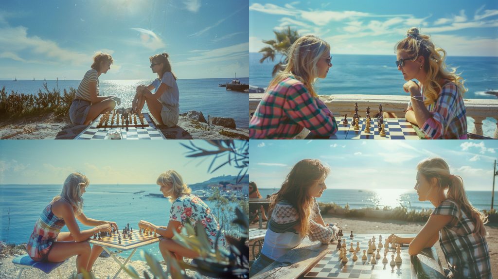 海边休闲下棋人像效果图AI提示词