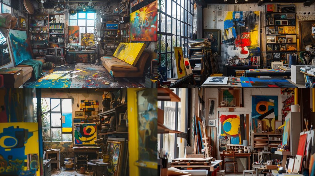不对称 eclectic 艺术工作室效果图AI提示词