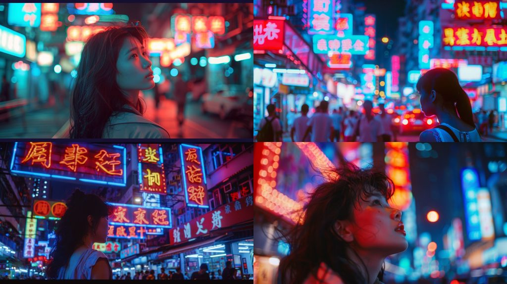 霓虹夜景都市女人人像效果图AI提示词