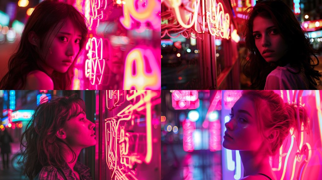 霓虹粉光夜景女人人像效果图AI提示词