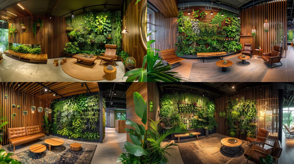 living 墙木质元素可持续 biophilic 空间效果图AI提示词
