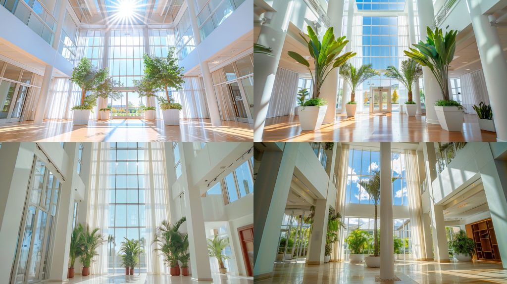 spacious 中庭 high 天花板 white 墙充足自然光效果图AI提示词