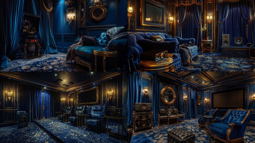 深蓝色 velvet 窗帘 rich 金色点缀家庭影院效果图AI提示词