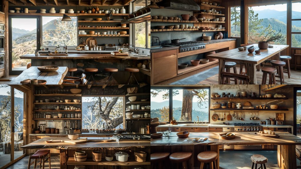 山间 retreat 厨房全景 rustic 优雅效果图AI提示词