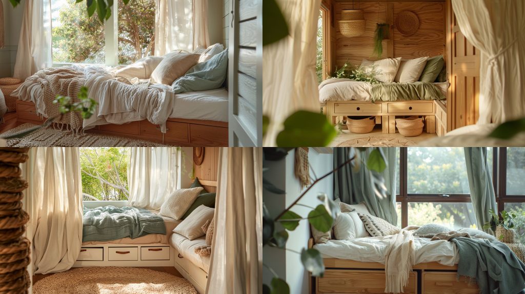 quaint 壁龛床自然光 soft linens cozy 角效果图AI提示词