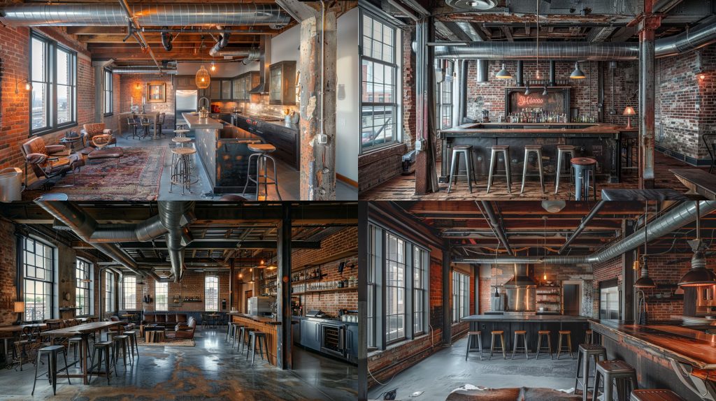 裸露梁架钢管道砖墙粗犷工业 loft AI提示词