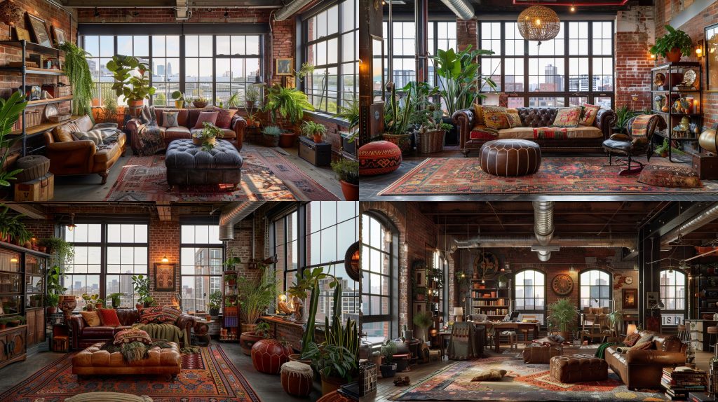 露砖墙工业层架皮革家具 eclectic loft AI提示词