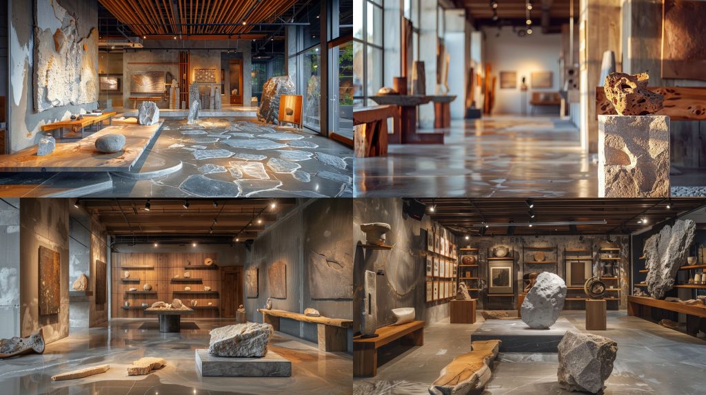 石材原木拉丝金属混合材质艺术工作室AI提示词