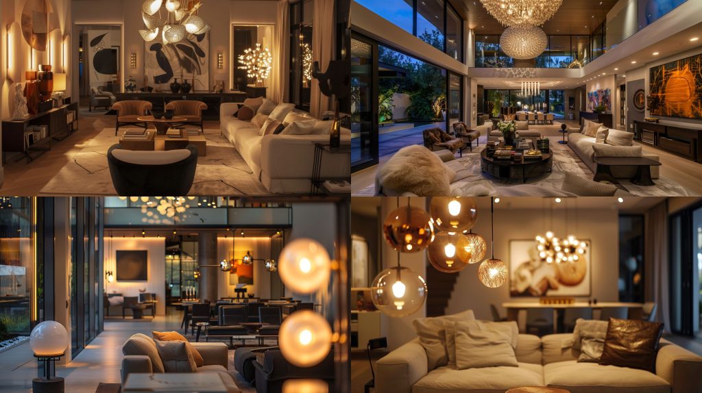 雕塑感 statement 灯具艺术 chic lounge 空间AI提示词