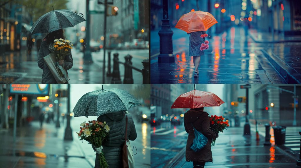 2010雨中撑花伞女子街头风格摄影AI提示词