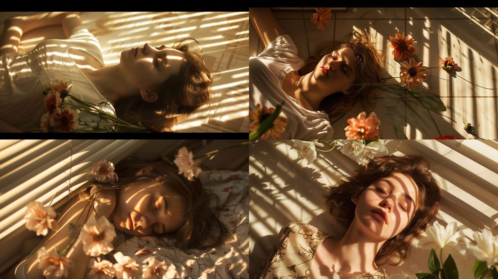 2011百叶窗光影女子躺卧花卉艺术摄影AI提示词