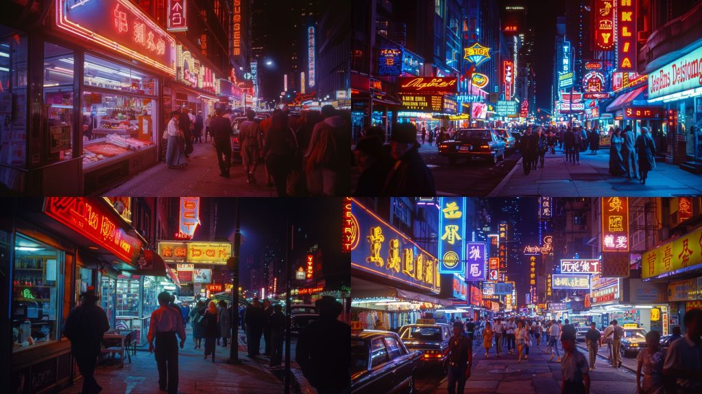 1980年霓虹闪烁都市夜行人潮涌动街景摄影AI提示词