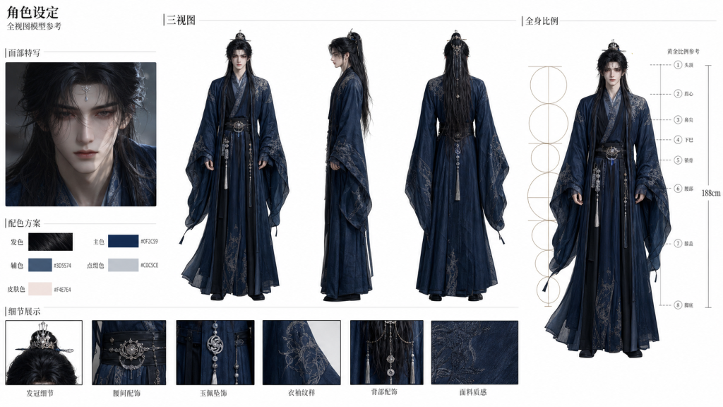古风人物角色设定全视图模型AI提示词