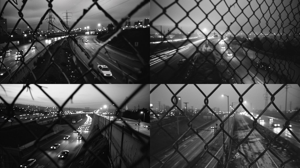 1998年破旧栅栏远眺繁忙公路黑白城市摄影AI提示词