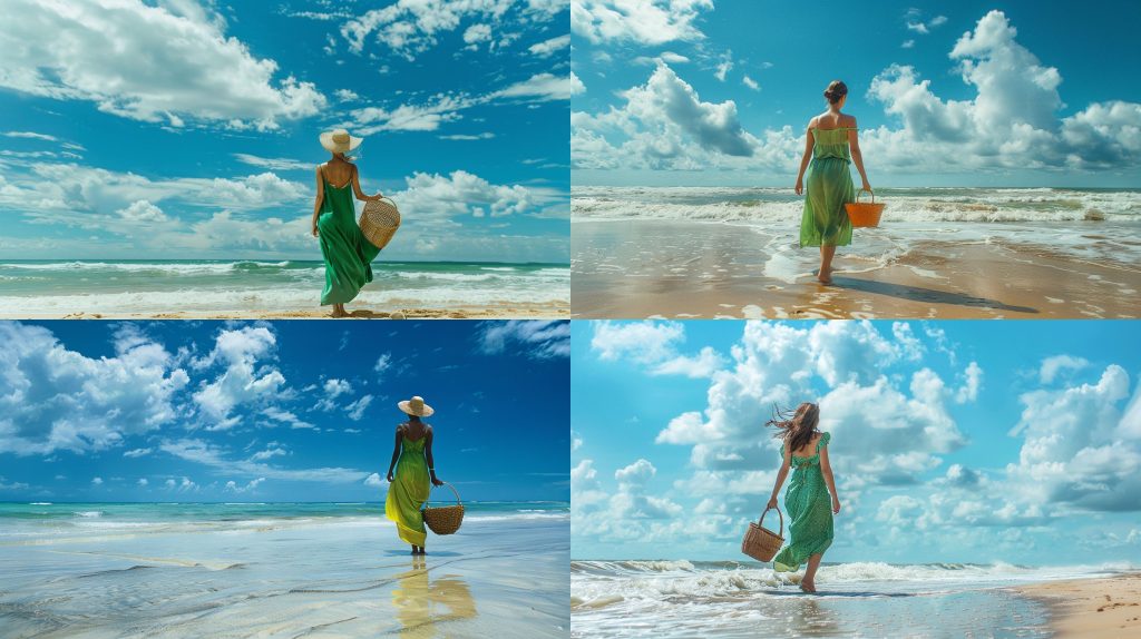 1995年绿裙提篮碧海蓝天沙滩明媚旅行摄影AI提示词