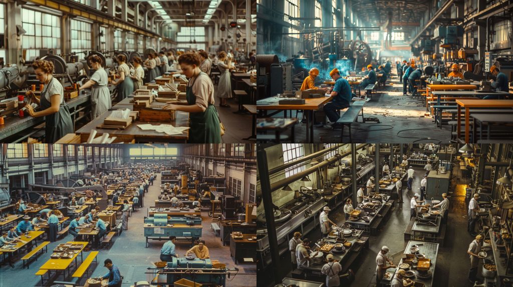 1938年工厂工人饭盒欢笑机械工坊复古纪实AI提示词