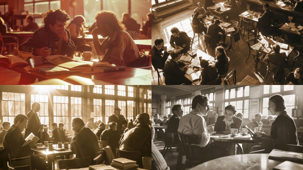 1936年咖啡馆学者激辩书香智识氛围摄影AI提示词