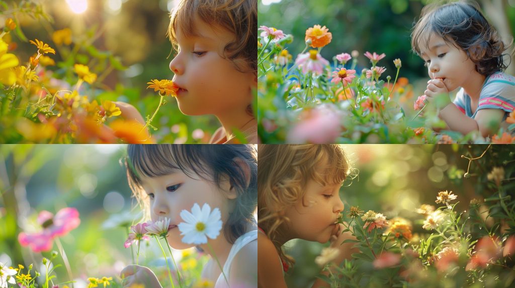2005年花园孩童轻嗅花朵黄绿静谧自然摄影AI提示词