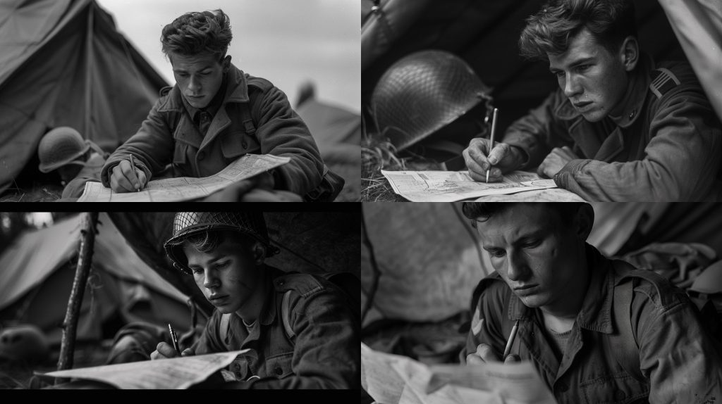 1944年轻士兵帐篷纸笔忧郁战争摄影AI提示词