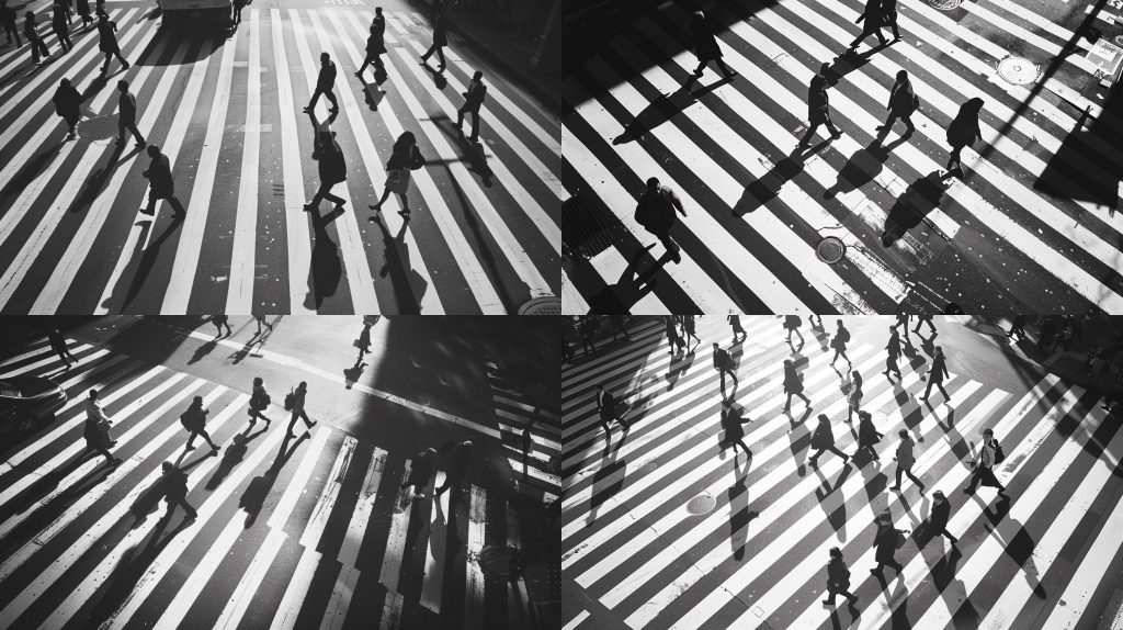 1970年斑马线行人影绰黑白几何城市纪实AI提示词