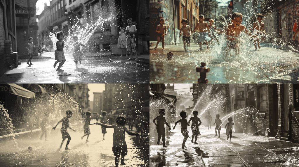 1955年街头消防栓水花孩童欢闹黑白纪实AI提示词