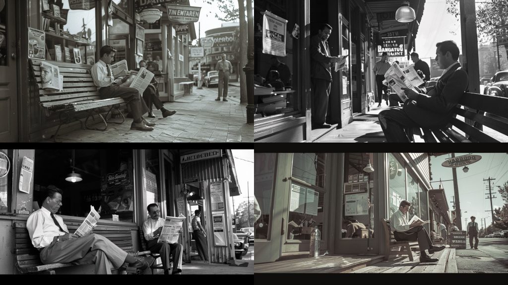 1965年理发店外读报晨光木凳旧时光影AI提示词