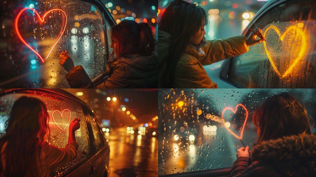 2000年雨夜车窗画心指尖温情城市影像AI提示词