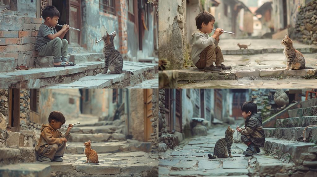 1965年石阶旧楼男孩吹笛猫听街头童话AI提示词