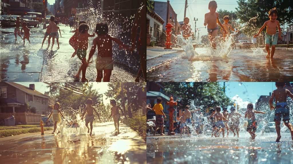 1971年消防水花街头孩童嬉戏夏日活力AI提示词