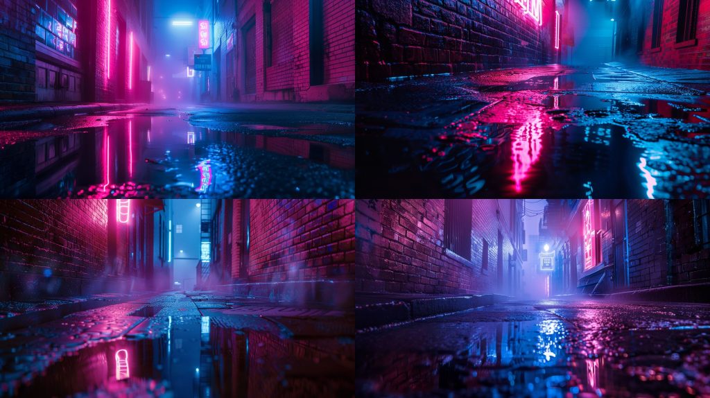 1985年霓虹雨巷粉蓝水影赛博暗夜AI提示词