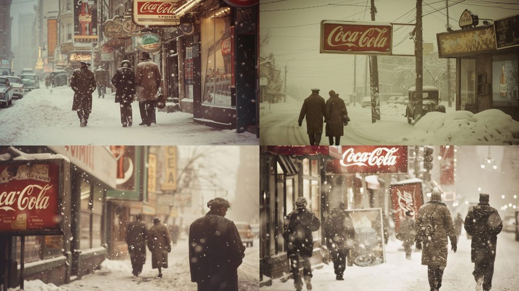 1965年雪落街头旧日招牌行人怀旧冬日AI提示词