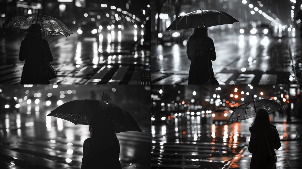 1990年雨夜伞下灯影湿路城市情绪AI提示词
