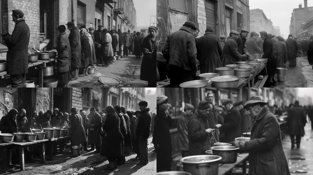1935年长队破衣汤锅憔悴面容城市困境纪实AI提示词