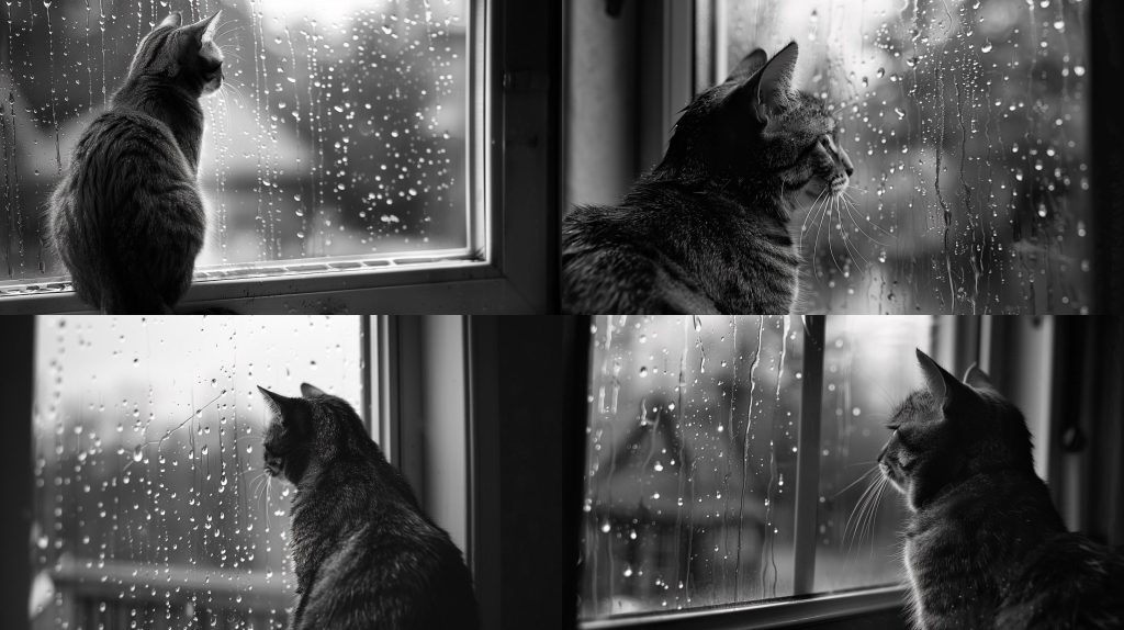 1960年窗边猫影听雨声黑白静谧时光AI提示词