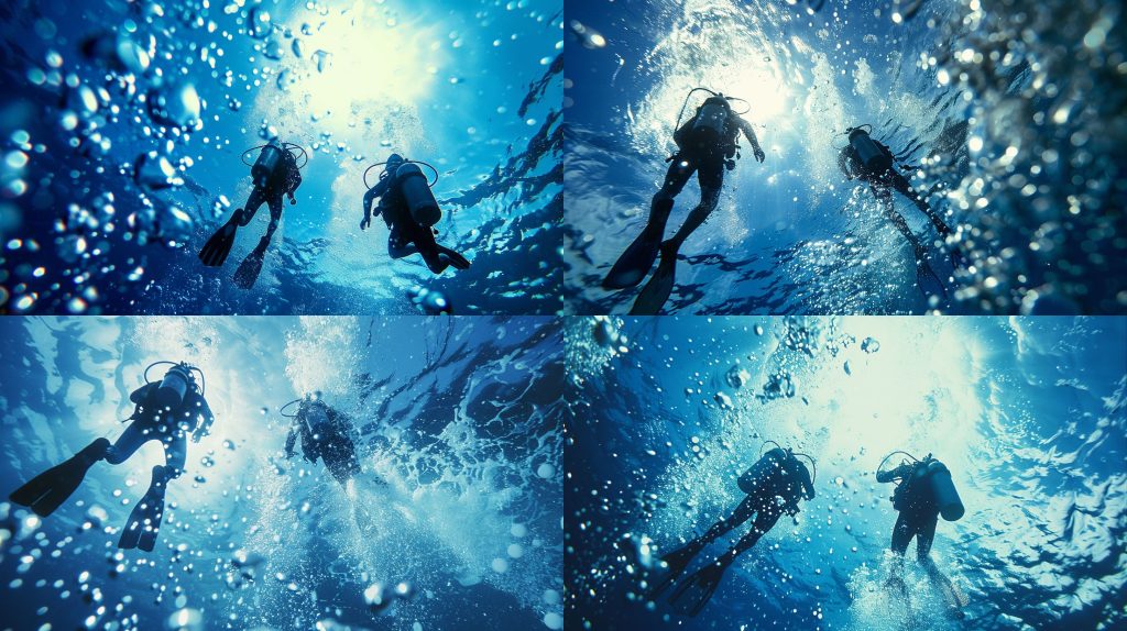 2000年蓝水气泡双人潜水动态水下纪实AI提示词