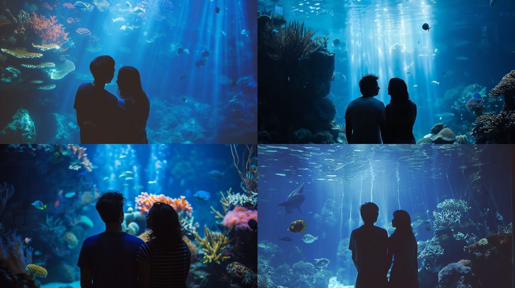 2005年蓝色水族箱前静赏珊瑚鱼影AI提示词
